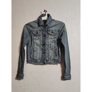 Younique Denim Jean Jacket Floral Button Up Sm Distressed